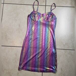 Multicolored Rainbow Shiny Holographic Strappy Mini Dress. Size XS